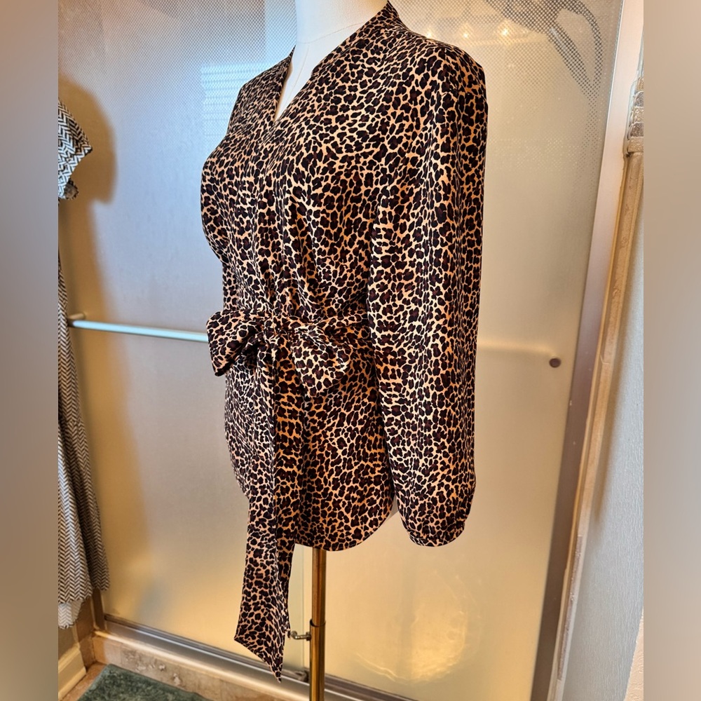 J. CREW Sara Drapey Wrap Brown & Black Leopard Print Blouse w Tie Bow - Picture 3 of 11